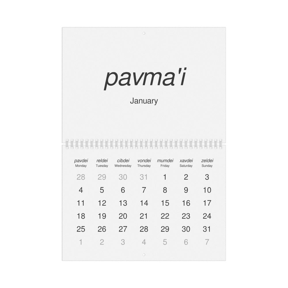 Leskoff 2027 Wall Calendar, Lojban/English-Labeled, Monday-Start Layout, Wire-Bound, 11.7 x 8.3 in (29.7 x 21.0 cm), image 1 of 1