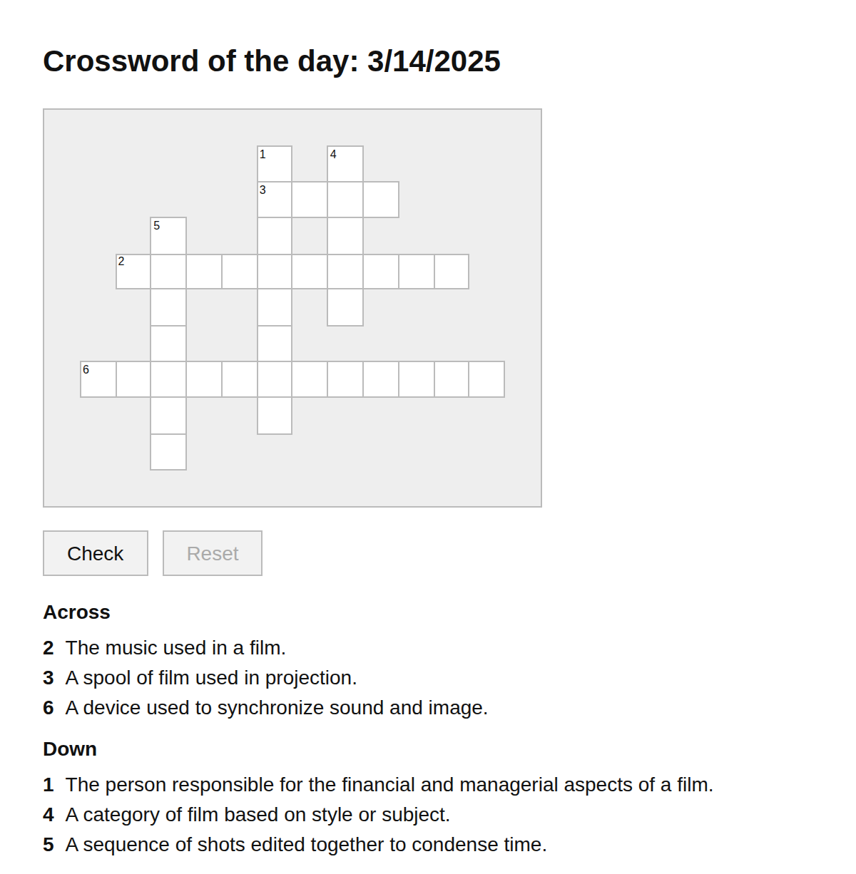 Filmmaking Crossword